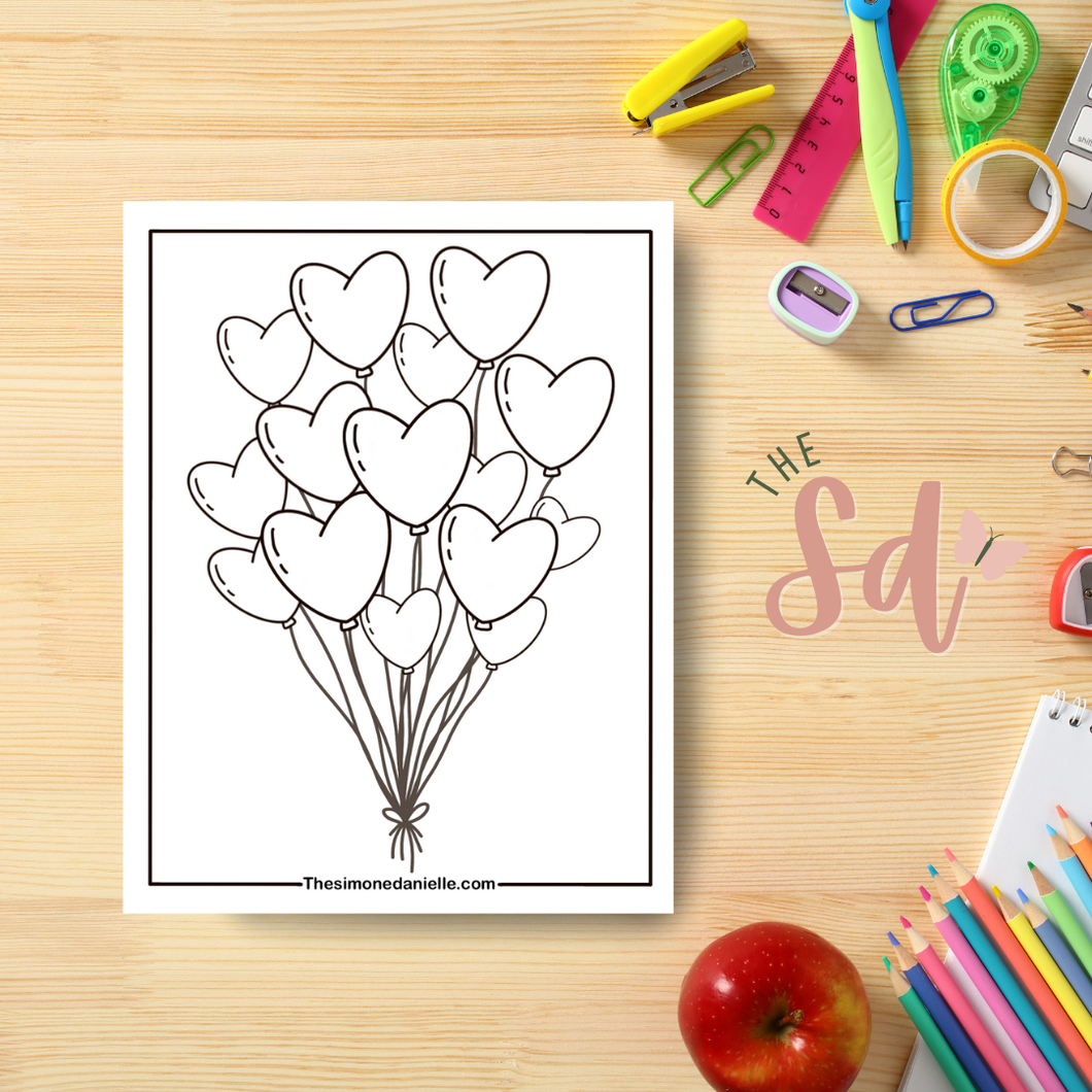 Heart Balloons Coloring Page | Instant PDF Download