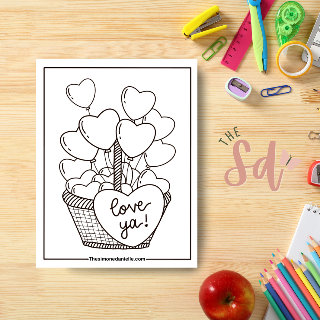 Hearts Gift Basket Coloring Page | Instant PDF Download